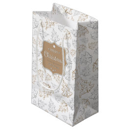 ブラウンとシルバーのエレガントクリスマスツリーのパターン スモールペーパーバッグ