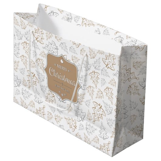 ブラウンとシルバーのエレガントクリスマスツリーのパターン ラージペーパーバッグ (正面アングル)