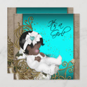 ブラウンとティール（緑がかった色）ブルーエスニックベビーガールシャワー 招待状 (正面/裏面)