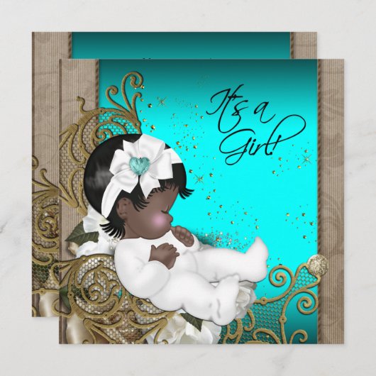 ブラウンとティール（緑がかった色）ブルーエスニックベビーガールシャワー 招待状 (正面/裏面)
