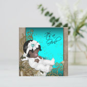 ブラウンとティール（緑がかった色）ブルーエスニックベビーガールシャワー 招待状 (スタンド正面)