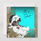 ブラウンとティール（緑がかった色）ブルーエスニックベビーガールシャワー 招待状 (正面)