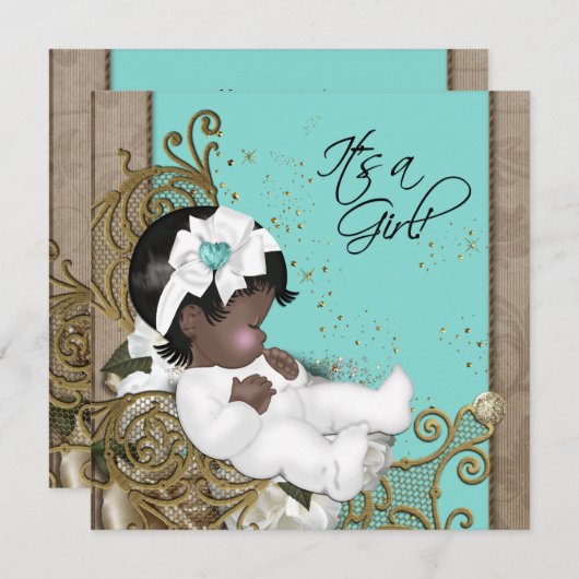 ブラウンとティール（緑がかった色）ブルーエスニック赤ちゃんシャワー 招待状 (正面/裏面)