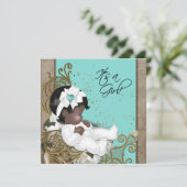 ブラウンとティール（緑がかった色）ブルーエスニック赤ちゃんシャワー 招待状 (スタンド正面)