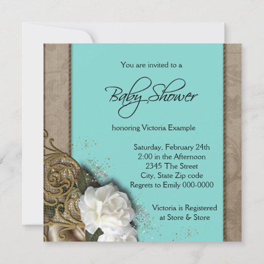 ブラウンとティール（緑がかった色）ブルーエスニック赤ちゃんシャワー 招待状 (裏面)