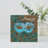 ブラウンとティール(緑がかった色)ブルーマスカレードパーティー 招待状 (スタンド正面)