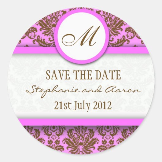 ブラウンとピンクのダマスクモノグラム結婚のステッカー ラウンドシール (正面)