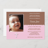 ブラウンとピンクの洗礼招待状 招待状 (正面/裏面)