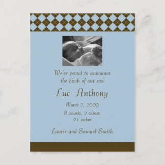 ブラウンとブルーのアーガイル発表（カスタマイズ可能） 案内ポストカード