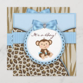 ブラウンとブルーのサル男の赤ちゃんシャワー 招待状 (正面/裏面)