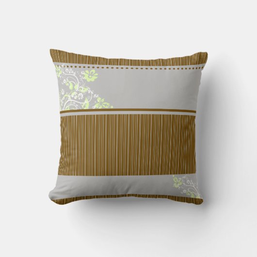 ブラウンとブルーのストライプのフローラプリント クッション (正面)