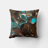 ブラウンとブルーのティール（緑がかった色）大理石の流体アート クッション (裏面)