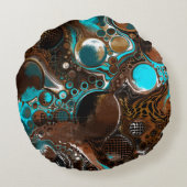 ブラウンとブルーのティール(緑がかった色)大理石の流体アート ラウンドクッション (裏面)