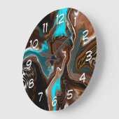 ブラウンとブルーのティール（緑がかった色）大理石の流体アート ラージ壁時計 (傾斜)