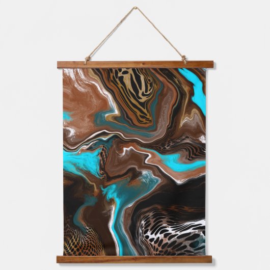 ブラウンとブルーのデジタル流体アートぶら下がったのタペストリー 吊り下げ型タペストリー (正面)