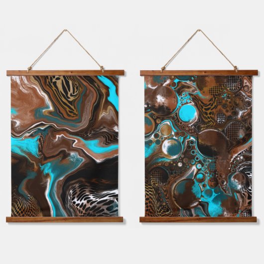 ブラウンとブルーのデジタル流体アートぶら下がったのタペストリー 吊り下げ型タペストリー (ダブル)