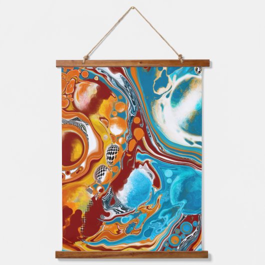 ブラウンとブルーのデジタル流体アート 吊り下げ型タペストリー (正面)