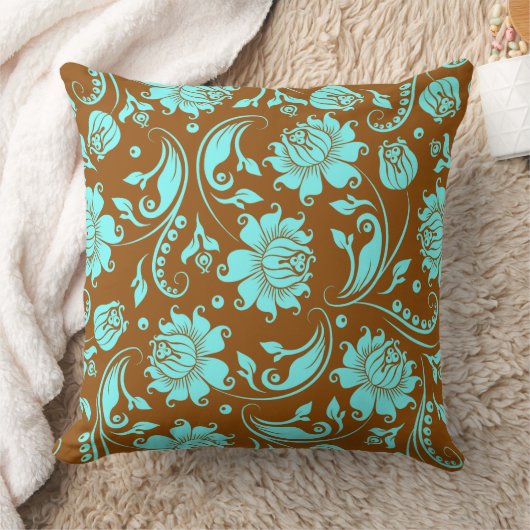 ブラウンとブルーのヴィンテージフローラマスク クッション (ブランケット)
