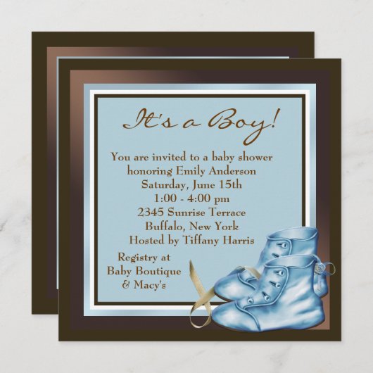 ブラウンとブルーの男の赤ちゃんシャワー 招待状 (正面/裏面)