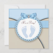 ブラウンとブルーの足跡ベビーシャワー 招待状 (正面)