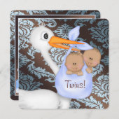 ブラウンとベビーブルーダマスクツインベビーシャワー 招待状 (正面/裏面)