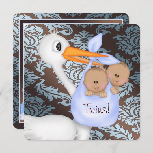 ブラウンとベビーブルーダマスクツインベビーシャワー 招待状 (正面/裏面)