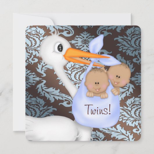 ブラウンとベビーブルーダマスクツインベビーシャワー 招待状 (正面)