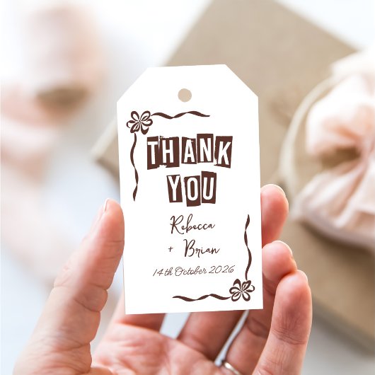 ブラウンとホワイトの手描きボウ結婚ズ ギフトタグ