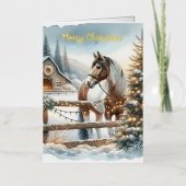 ブラウンとホワイトホースの素朴クリスマス金ゴールド 箔グリーティングカード (正面)