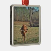 ブラウンとホワイトロングホーンのブルブルースカイ メタルオーナメント (右)