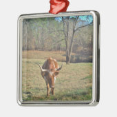 ブラウンとホワイトロングホーンのブルブルースカイ メタルオーナメント (左)