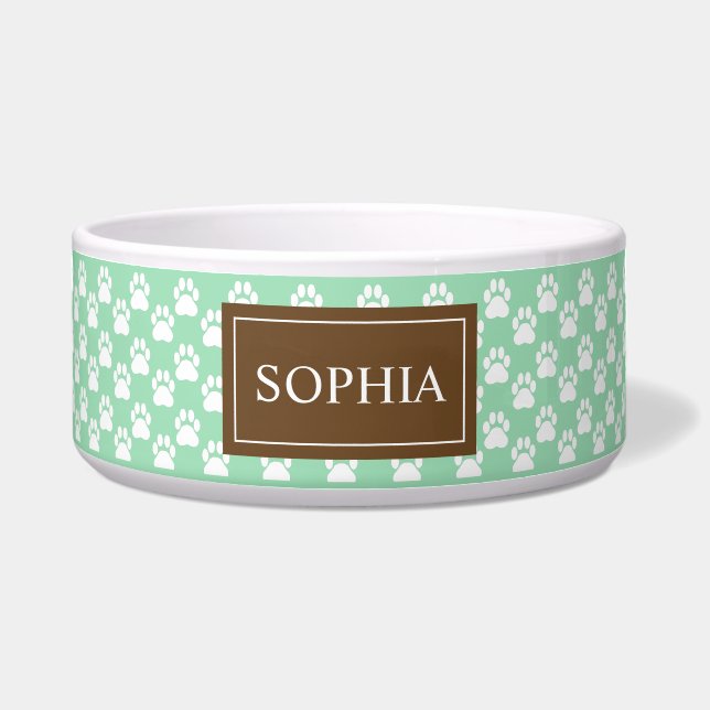 ブラウンとミントグリーンの犬の足跡にペットの名前 ボウル (正面)