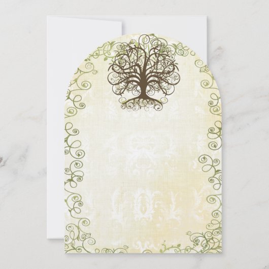 ブラウンとモスグリーンの渦巻きツリーヴィンテージダマスク 招待状 (裏面)