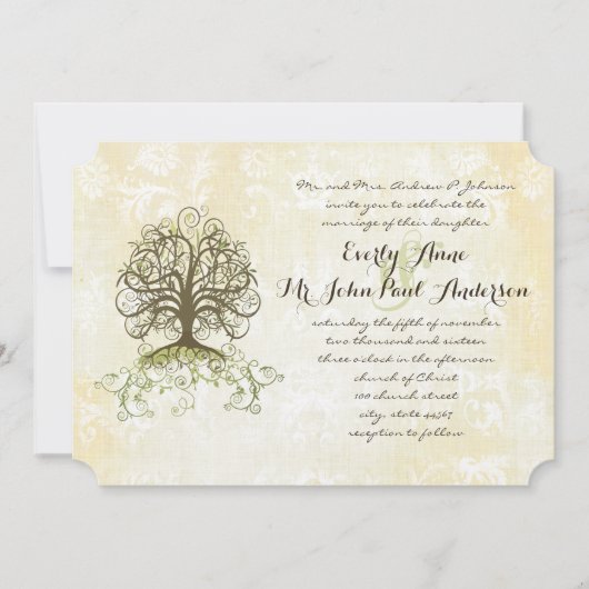 ブラウンとモスグリーンの渦巻きツリーヴィンテージダマスク 招待状 (正面)