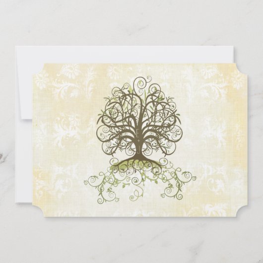 ブラウンとモスグリーンの渦巻きツリーヴィンテージダマスク 招待状 (裏面)