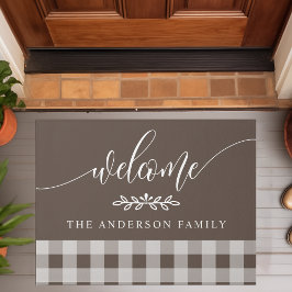 ブラウンと白のバッファローのチェックへようこそパーソナライズ ドアマット