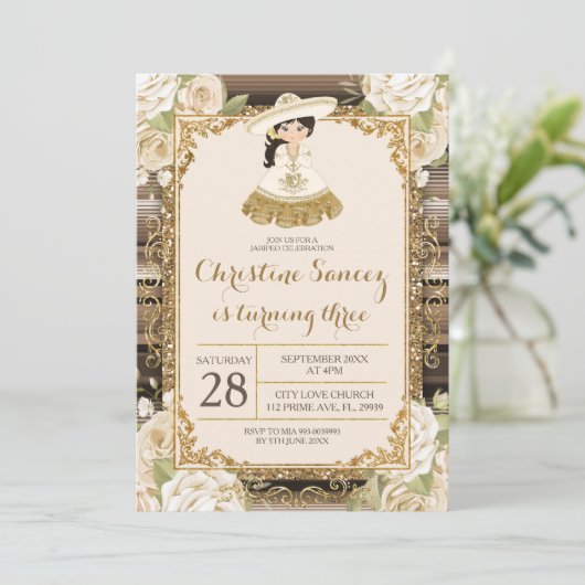 ブラウンと金ゴールドメキシコの女の子の第3誕生日 招待状 (スタンド正面)