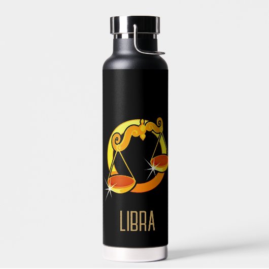 ブラウンと金ゴールドリブラ〔占星術の〕十二宮図サインブラック ウォーターボトル (左面)