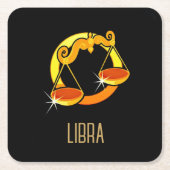 ブラウンと金ゴールドリブラ〔占星術の〕十二宮図サインブラック スクエアペーパーコースター (正面)