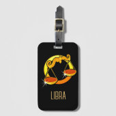 ブラウンと金ゴールドリブラ〔占星術の〕十二宮図サインブラック ラゲッジタグ (正面縦)