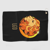 ブラウンと金ゴールドレオ〔占星術の〕十二宮図サインブラック ゴルフタオル (横)