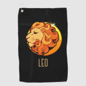 ブラウンと金ゴールドレオ〔占星術の〕十二宮図サインブラック ゴルフタオル (正面)