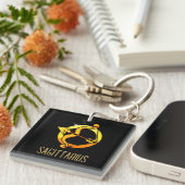 ブラウンと金ゴールド射手座〔占星術の〕十二宮図の記号ブラック キーホルダー (正面右)