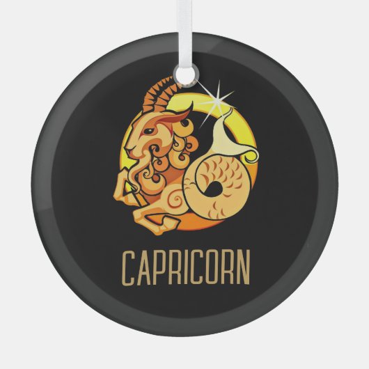ブラウンと金ゴールド山羊座〔占星術の〕十二宮図の記号ブラック ガラスオーナメント (正面)