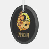ブラウンと金ゴールド山羊座〔占星術の〕十二宮図の記号ブラック ガラスオーナメント (正面左)