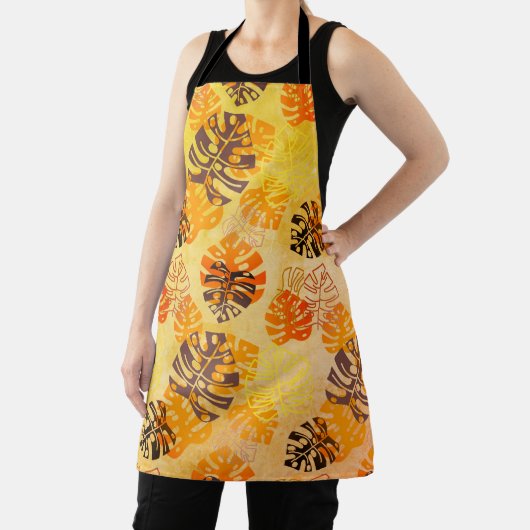 ブラウンと離れ金ゴールドの大きなモンステラの エプロン (インサイチュ)