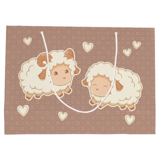 ブラウンにかわいい2匹の小さな羊の柄 ラージペーパーバッグ (裏面)