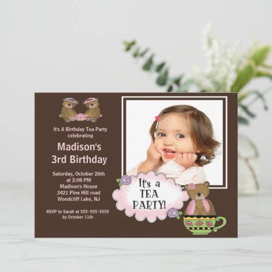 ブラウンのお茶会の写真の誕生日のパーティの招待状 招待状 (スタンド正面)