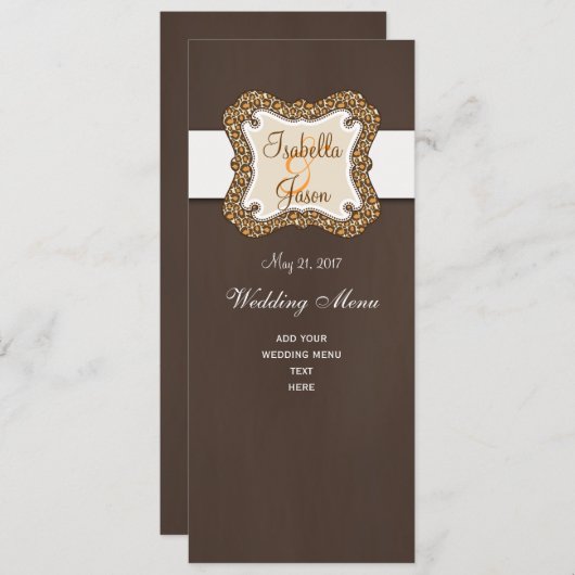 ブラウンのオレンジヒョウは結婚式メニューカードに斑点を付けます メニュー (正面/裏面)