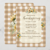 ブラウンのギンガムチェックの秋のひまわり感謝祭 招待状 (正面/裏面)